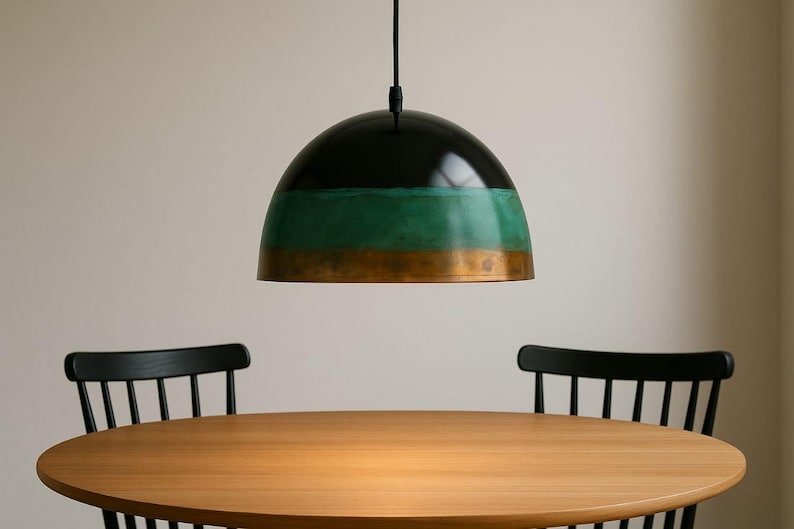 Black and Green Patina Brass Dome Pendant Light, Handmade Moroccan Two-Tone Kitchen Island Chandelier, Rustic Verdigris and Antique Brass Hanging Ceiling Light Fixture