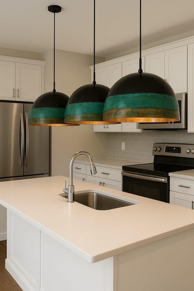 Black and Green Patina Brass Dome Pendant Light, Handmade Moroccan Two-Tone Kitchen Island Chandelier, Rustic Verdigris and Antique Brass Hanging Ceiling Light Fixture