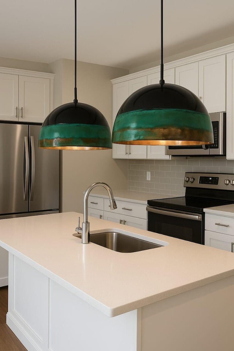 Black and Green Patina Brass Dome Pendant Light, Handmade Moroccan Two-Tone Kitchen Island Chandelier, Rustic Verdigris and Antique Brass Hanging Ceiling Light Fixture