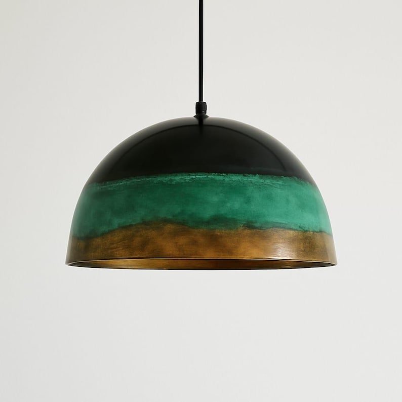 Black and Green Patina Brass Dome Pendant Light, Handmade Moroccan Two-Tone Kitchen Island Chandelier, Rustic Verdigris and Antique Brass Hanging Ceiling Light Fixture