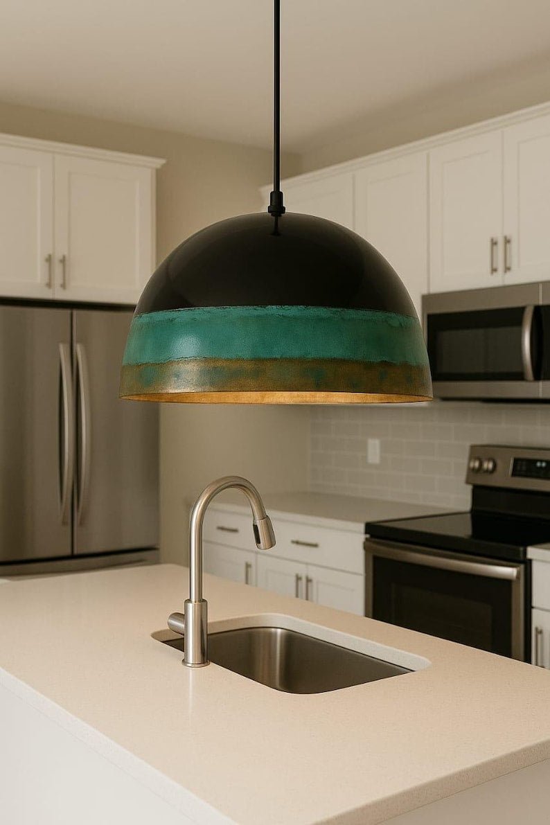 Black and Green Patina Brass Dome Pendant Light, Handmade Moroccan Two-Tone Kitchen Island Chandelier, Rustic Verdigris and Antique Brass Hanging Ceiling Light Fixture