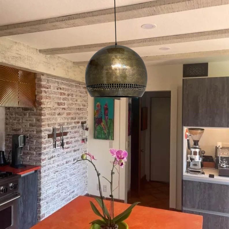 Antique Brass Dome Pendant Light, Handmade Moroccan Pierced Brass Hanging Lamp, Rustic Hammered Brass Kitchen Island Chandelier, Boho Farmhouse Ceiling Light Fixture