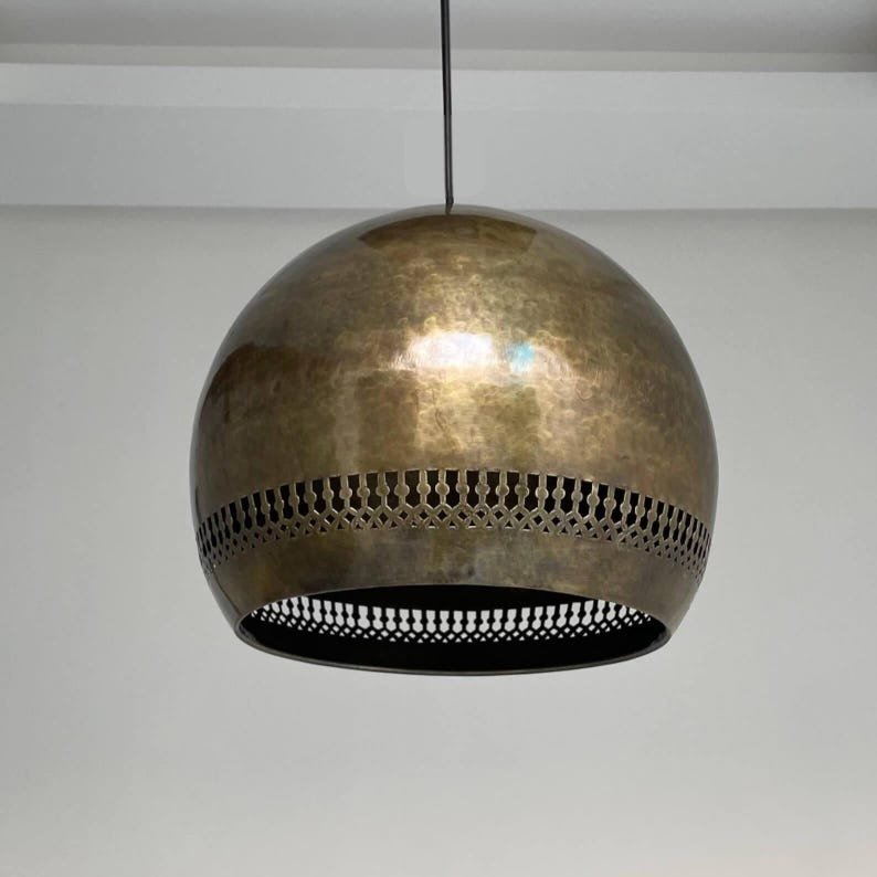 Antique Brass Dome Pendant Light, Handmade Moroccan Pierced Brass Hanging Lamp, Rustic Hammered Brass Kitchen Island Chandelier, Boho Farmhouse Ceiling Light Fixture