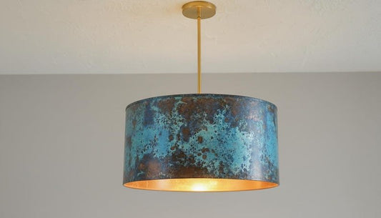 Blue Green Patina Copper Drum Pendant Light, Handmade Moroccan Cylinder Chandelier, Verdigris Copper Dining Room Hanging Lamp, Modern Rustic Kitchen Island Ceiling Light Fixture