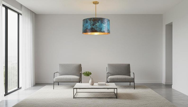 Blue Green Patina Copper Drum Pendant Light, Handmade Moroccan Cylinder Chandelier, Verdigris Copper Dining Room Hanging Lamp, Modern Rustic Kitchen Island Ceiling Light Fixture