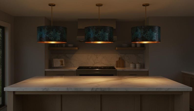 Blue Green Patina Copper Drum Pendant Light, Handmade Moroccan Cylinder Chandelier, Verdigris Copper Dining Room Hanging Lamp, Modern Rustic Kitchen Island Ceiling Light Fixture