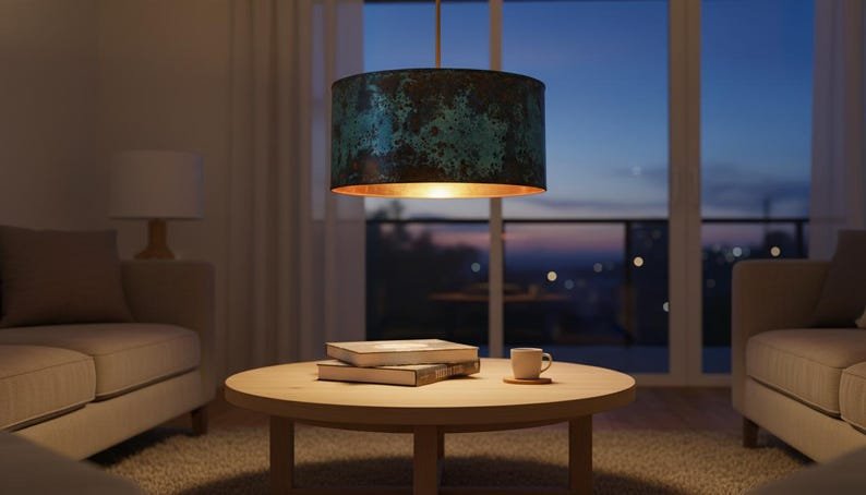 Blue Green Patina Copper Drum Pendant Light, Handmade Moroccan Cylinder Chandelier, Verdigris Copper Dining Room Hanging Lamp, Modern Rustic Kitchen Island Ceiling Light Fixture