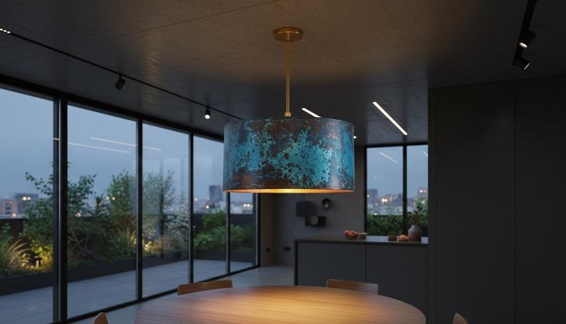 Blue Green Patina Copper Drum Pendant Light, Handmade Moroccan Cylinder Chandelier, Verdigris Copper Dining Room Hanging Lamp, Modern Rustic Kitchen Island Ceiling Light Fixture