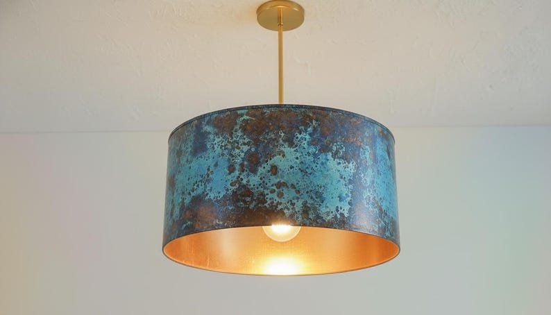 Blue Green Patina Copper Drum Pendant Light, Handmade Moroccan Cylinder Chandelier, Verdigris Copper Dining Room Hanging Lamp, Modern Rustic Kitchen Island Ceiling Light Fixture
