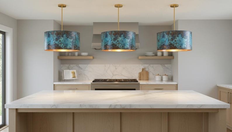 Blue Green Patina Copper Drum Pendant Light, Handmade Moroccan Cylinder Chandelier, Verdigris Copper Dining Room Hanging Lamp, Modern Rustic Kitchen Island Ceiling Light Fixture