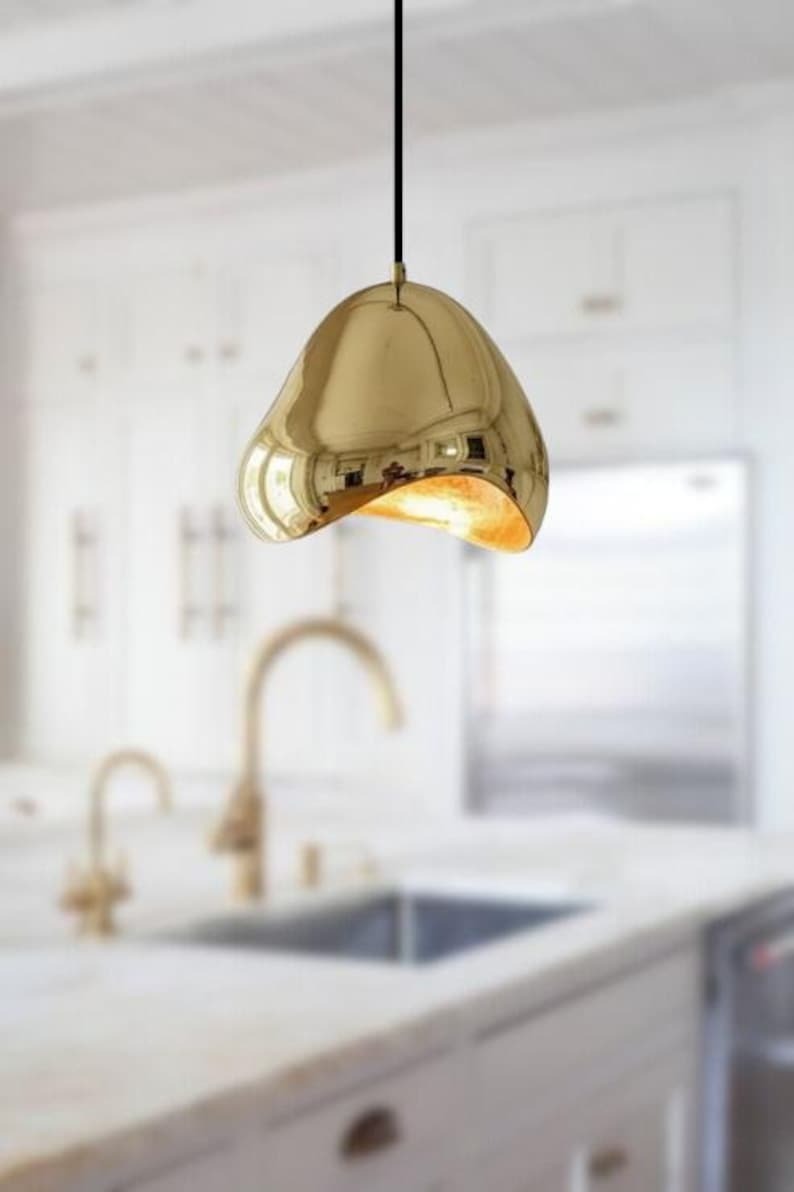 Handmade Polished Brass Pendant Light – Moroccan Organic Folded Dome Hanging Lamp for Kitchen Island, Dining Room & Modern Boho Home Décor