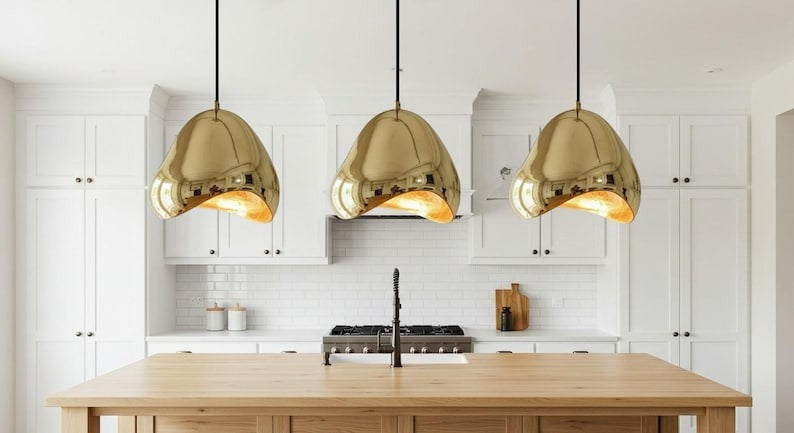 Handmade Polished Brass Pendant Light – Moroccan Organic Folded Dome Hanging Lamp for Kitchen Island, Dining Room & Modern Boho Home Décor