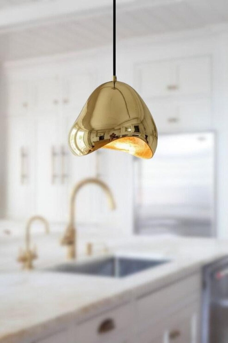 Handmade Polished Brass Pendant Light – Moroccan Organic Folded Dome Hanging Lamp for Kitchen Island, Dining Room & Modern Boho Home Décor
