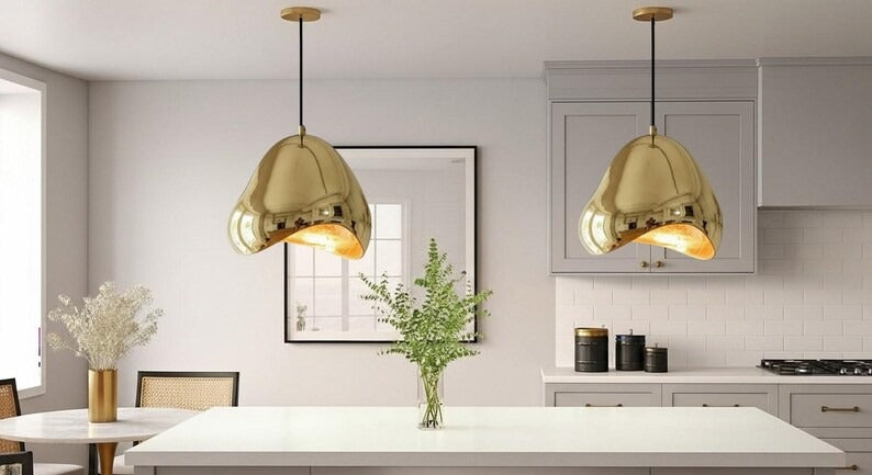 Handmade Polished Brass Pendant Light – Moroccan Organic Folded Dome Hanging Lamp for Kitchen Island, Dining Room & Modern Boho Home Décor