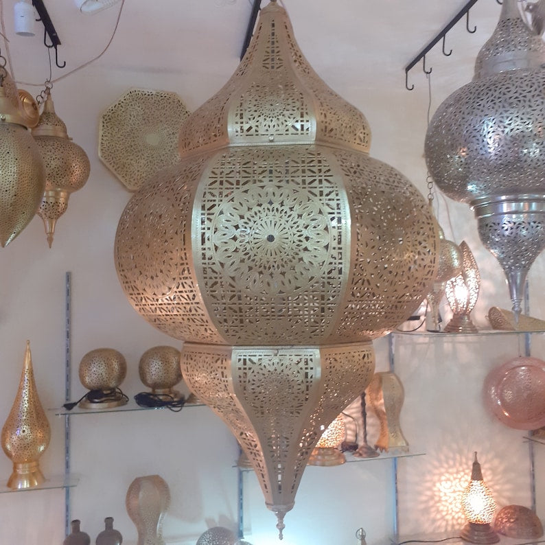 Large Moroccan Pierced Brass Palace Chandelier, Handmade Moorish Lantern Pendant Light, Luxury Gold Arabic Hanging Lamp, Boho Floral Filigree Shadow Ceiling Light Fixture