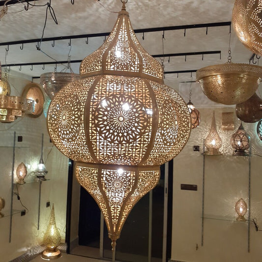Large Moroccan Pierced Brass Palace Chandelier, Handmade Moorish Lantern Pendant Light, Luxury Gold Arabic Hanging Lamp, Boho Floral Filigree Shadow Ceiling Light Fixture