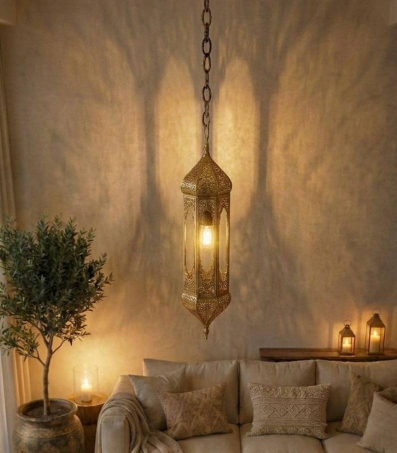 Handmade Moroccan Brass Pendant Light – Antique Gold Pierced Lantern, Moorish Hanging Ceiling Lamp, Moroccan Entryway & Living Room Lighting