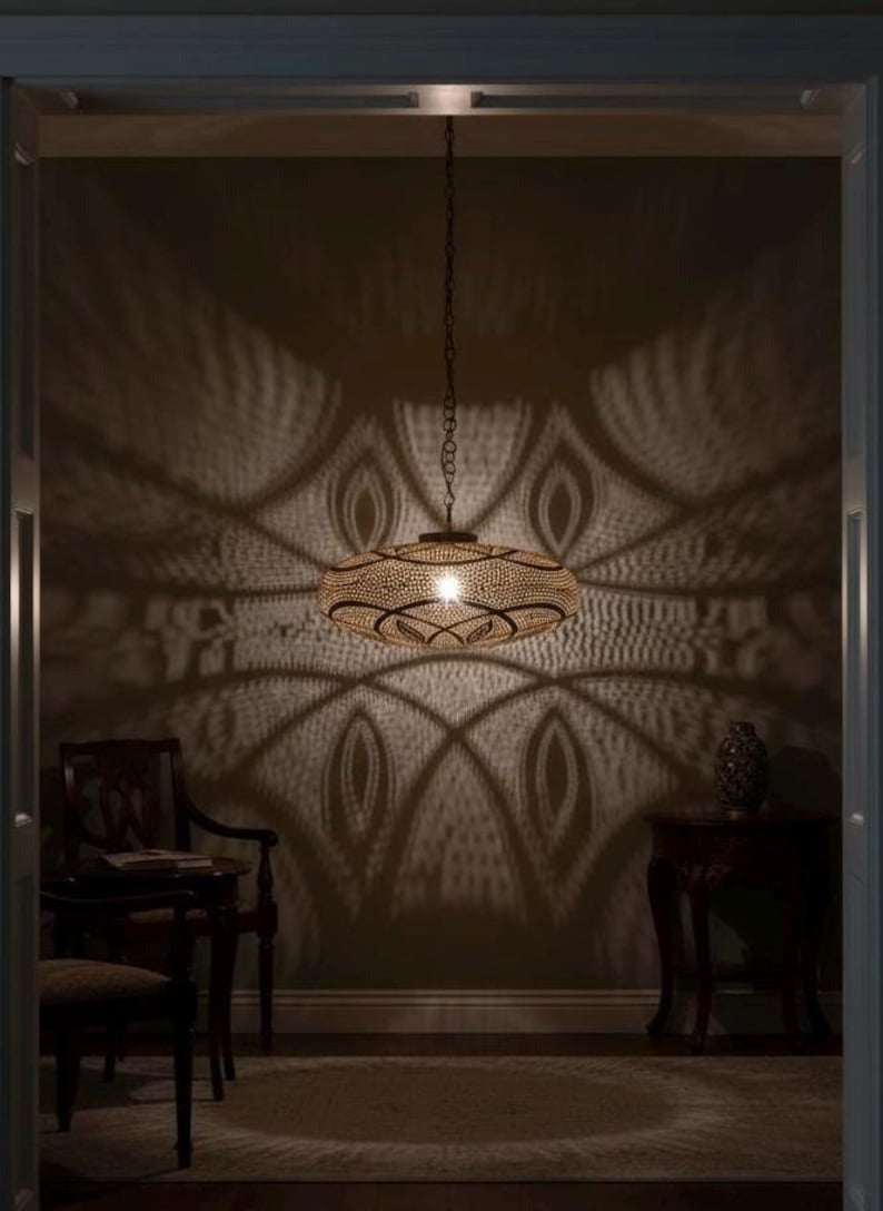 Moroccan Pierced Brass Saucer Pendant Light, Handmade Moorish Shadow Chandelier, Boho Filigree Hallway Hanging Lamp, Rustic Arabic Ceiling Light Fixture