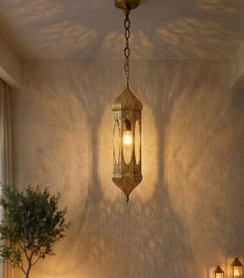 Handmade Moroccan Brass Pendant Light – Antique Gold Pierced Lantern, Moorish Hanging Ceiling Lamp, Moroccan Entryway & Living Room Lighting