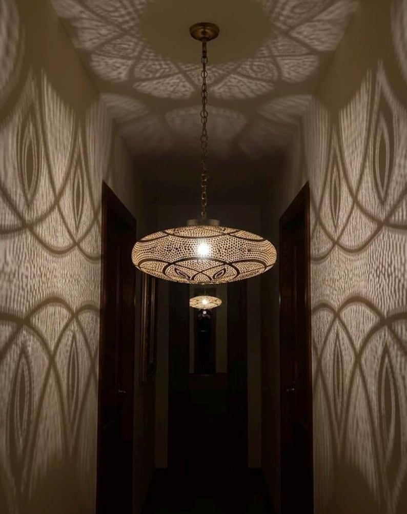 Moroccan Pierced Brass Saucer Pendant Light, Handmade Moorish Shadow Chandelier, Boho Filigree Hallway Hanging Lamp, Rustic Arabic Ceiling Light Fixture