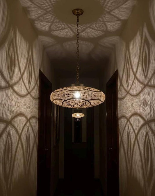 Moroccan Pierced Brass Saucer Pendant Light, Handmade Moorish Shadow Chandelier, Boho Filigree Hallway Hanging Lamp, Rustic Arabic Ceiling Light Fixture