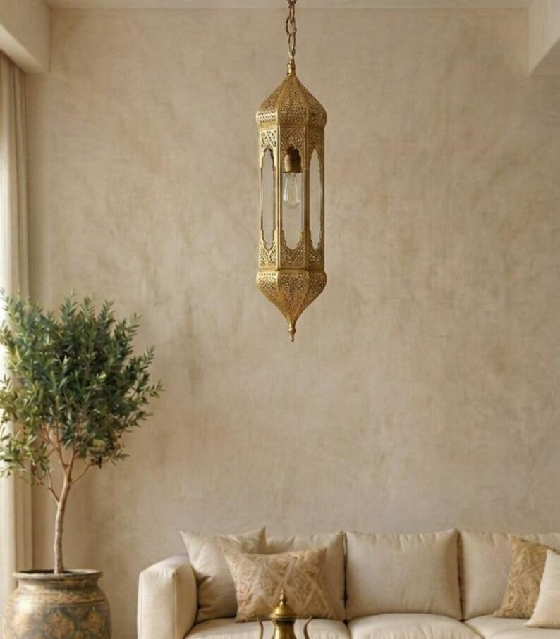 Handmade Moroccan Brass Pendant Light – Antique Gold Pierced Lantern, Moorish Hanging Ceiling Lamp, Moroccan Entryway & Living Room Lighting