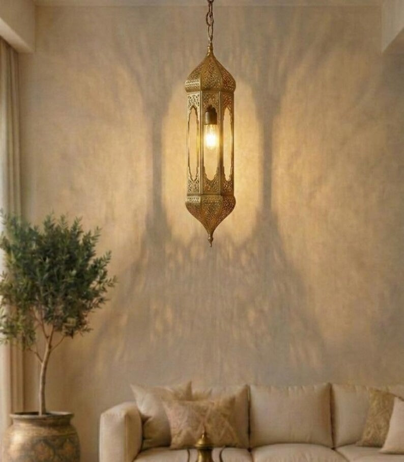 Handmade Moroccan Brass Pendant Light – Antique Gold Pierced Lantern, Moorish Hanging Ceiling Lamp, Moroccan Entryway & Living Room Lighting