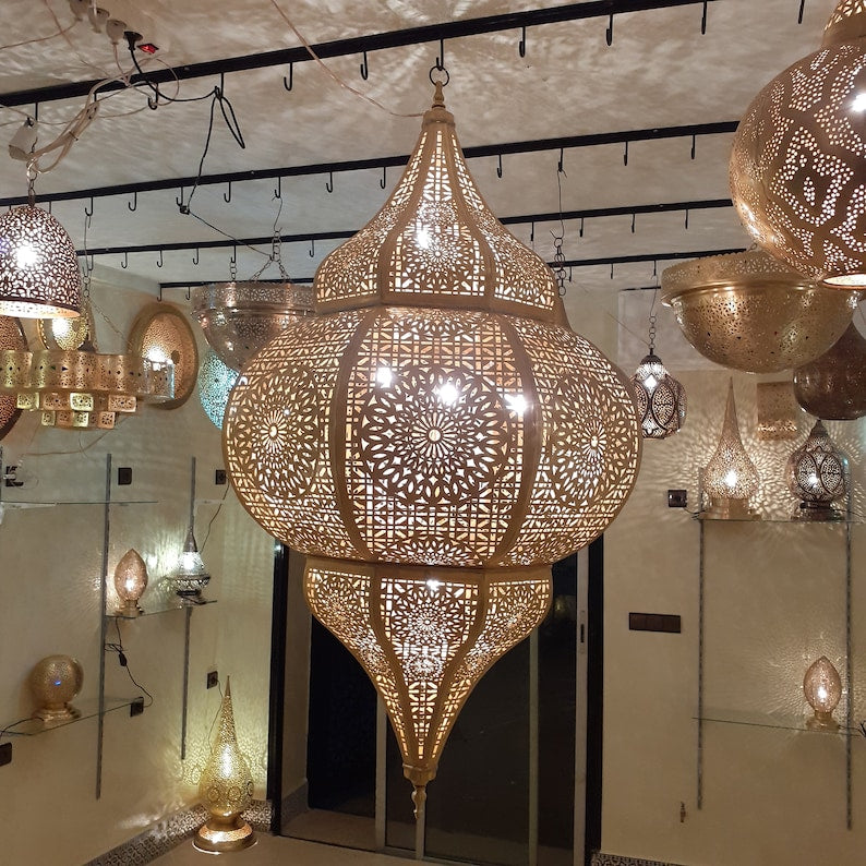 Large Moroccan Pierced Brass Palace Chandelier, Handmade Moorish Lantern Pendant Light, Luxury Gold Arabic Hanging Lamp, Boho Floral Filigree Shadow Ceiling Light Fixture