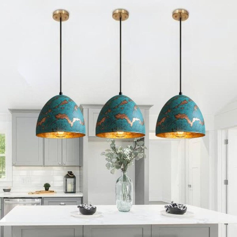 Handmade Blue Patina Brass Pendant Light – Moroccan Dome Hanging Lamp with Copper Accents & Warm Gold Interior for Kitchen Island, Dining Room & Boho Home Décor