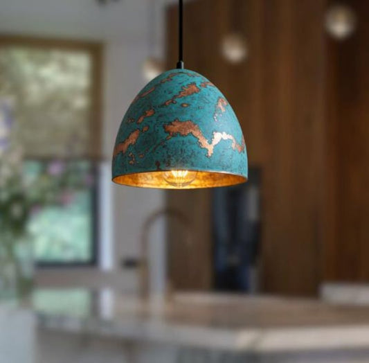 Handmade Blue Patina Brass Pendant Light – Moroccan Dome Hanging Lamp with Copper Accents & Warm Gold Interior for Kitchen Island, Dining Room & Boho Home Décor