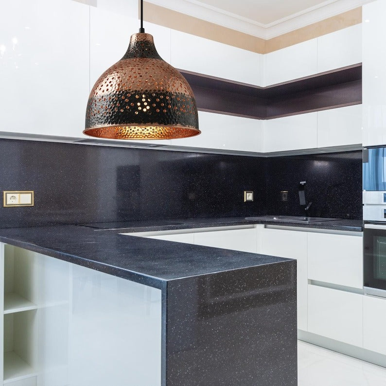 Handmade Moroccan Brass Pendant Light – Hammered Copper and Black Brass Dome Hanging Lamp with Pierced Dot Pattern and Warm Copper Interior for Kitchen Island, Dining Room & Living Room