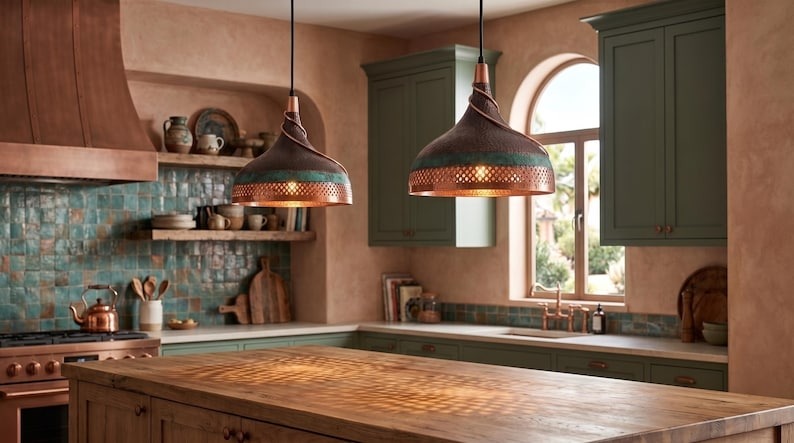 Handmade Moroccan Brass Pendant Light – Twisted Hammered Dome Ceiling Lamp with Verdigris Patina, Pierced Diamond Lattice & Antique Copper Finish