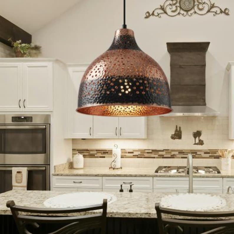 Handmade Moroccan Brass Pendant Light – Hammered Copper and Black Brass Dome Hanging Lamp with Pierced Dot Pattern and Warm Copper Interior for Kitchen Island, Dining Room & Living Room