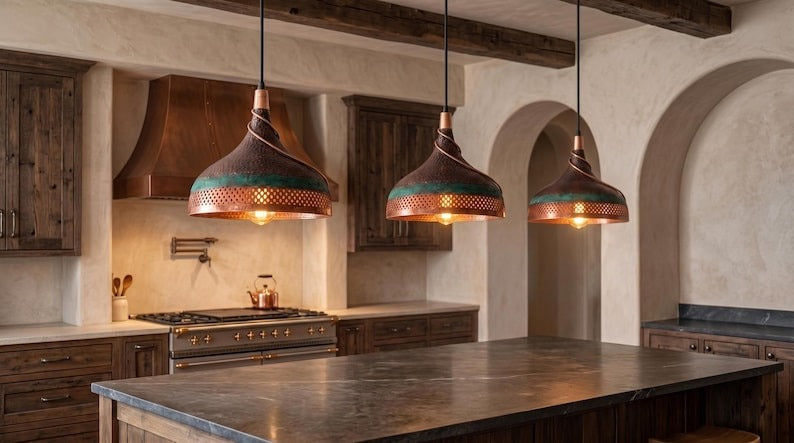 Handmade Moroccan Brass Pendant Light – Twisted Hammered Dome Ceiling Lamp with Verdigris Patina, Pierced Diamond Lattice & Antique Copper Finish