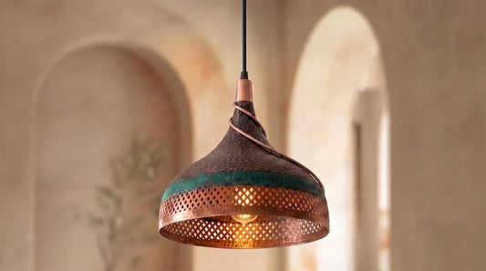 Handmade Moroccan Brass Pendant Light – Twisted Hammered Dome Ceiling Lamp with Verdigris Patina, Pierced Diamond Lattice & Antique Copper Finish