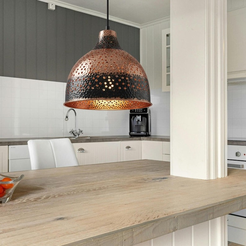 Handmade Moroccan Brass Pendant Light – Hammered Copper and Black Brass Dome Hanging Lamp with Pierced Dot Pattern and Warm Copper Interior for Kitchen Island, Dining Room & Living Room