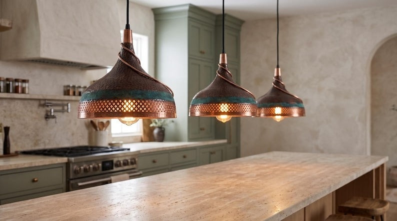 Handmade Moroccan Brass Pendant Light – Twisted Hammered Dome Ceiling Lamp with Verdigris Patina, Pierced Diamond Lattice & Antique Copper Finish