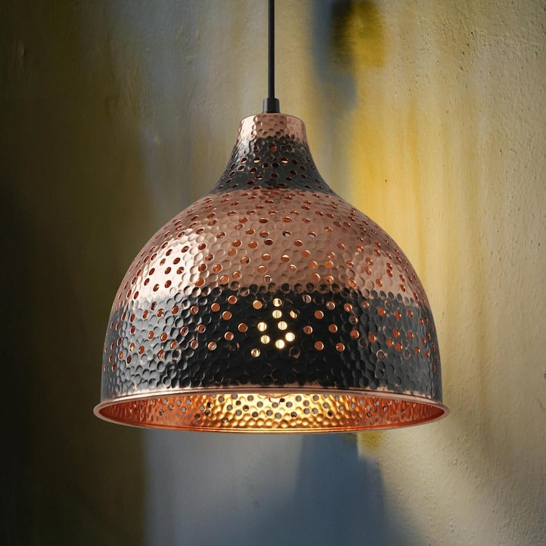 Handmade Moroccan Brass Pendant Light – Hammered Copper and Black Brass Dome Hanging Lamp with Pierced Dot Pattern and Warm Copper Interior for Kitchen Island, Dining Room & Living Room