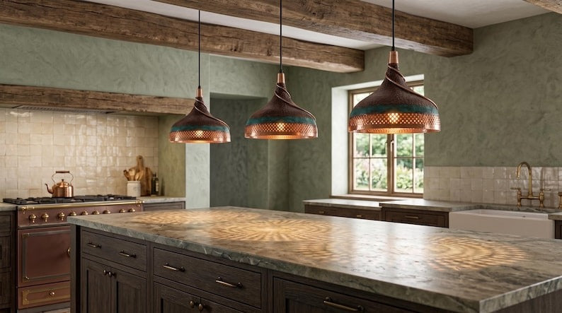 Handmade Moroccan Brass Pendant Light – Twisted Hammered Dome Ceiling Lamp with Verdigris Patina, Pierced Diamond Lattice & Antique Copper Finish