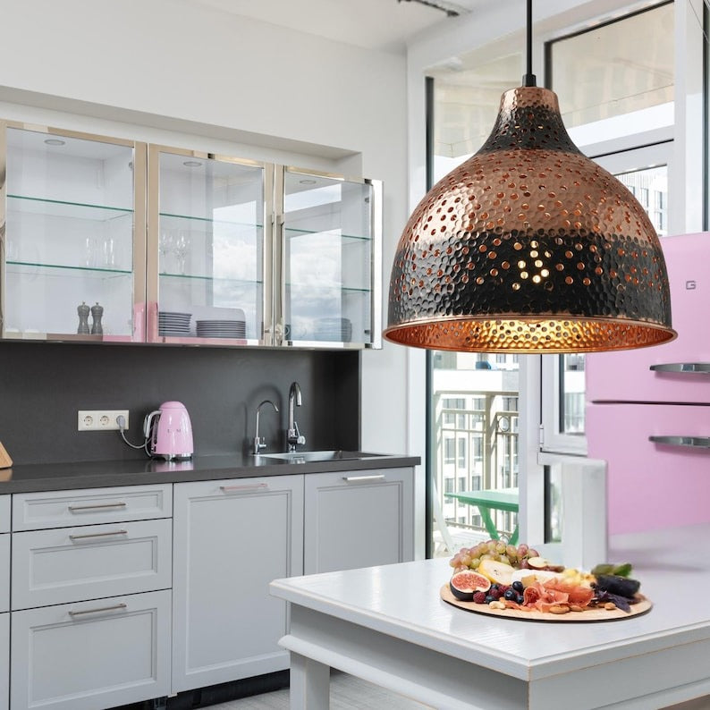 Handmade Moroccan Brass Pendant Light – Hammered Copper and Black Brass Dome Hanging Lamp with Pierced Dot Pattern and Warm Copper Interior for Kitchen Island, Dining Room & Living Room