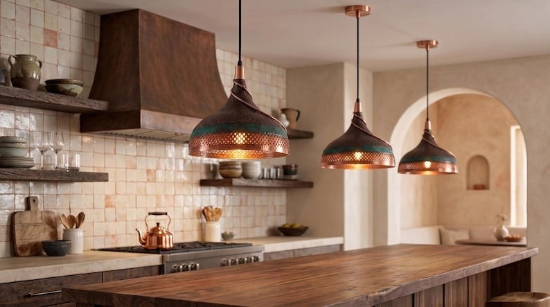 Handmade Moroccan Brass Pendant Light – Twisted Hammered Dome Ceiling Lamp with Verdigris Patina, Pierced Diamond Lattice & Antique Copper Finish