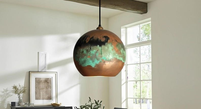 Green Patina Copper Globe Pendant Light, Handmade Round Moroccan Ceiling Lamp, Rustic Verdigris Kitchen Island Chandelier