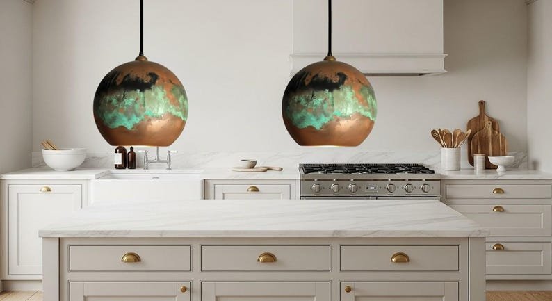 Green Patina Copper Globe Pendant Light, Handmade Round Moroccan Ceiling Lamp, Rustic Verdigris Kitchen Island Chandelier