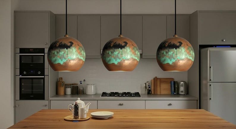 Green Patina Copper Globe Pendant Light, Handmade Round Moroccan Ceiling Lamp, Rustic Verdigris Kitchen Island Chandelier