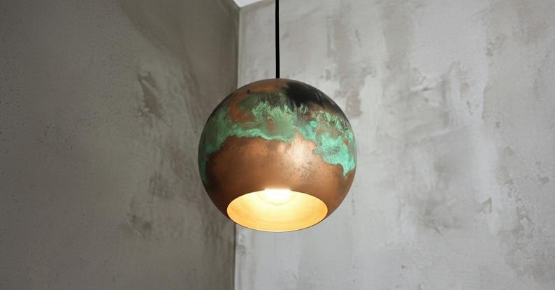 Green Patina Copper Globe Pendant Light, Handmade Round Moroccan Ceiling Lamp, Rustic Verdigris Kitchen Island Chandelier