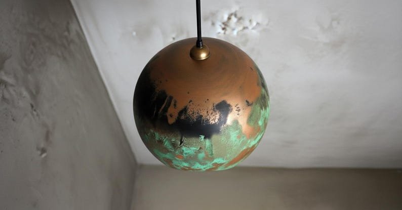Green Patina Copper Globe Pendant Light, Handmade Round Moroccan Ceiling Lamp, Rustic Verdigris Kitchen Island Chandelier