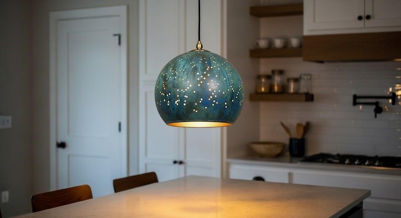 Blue Green Patina Copper Pendant Light, Handmade Moroccan Pierced Dome Chandelier, Rustic Verdigris Kitchen Island Hanging Lamp, Boho Copper Ceiling Light Fixture
