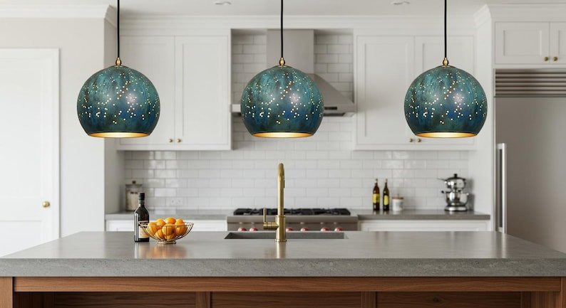 Blue Green Patina Copper Pendant Light, Handmade Moroccan Pierced Dome Chandelier, Rustic Verdigris Kitchen Island Hanging Lamp, Boho Copper Ceiling Light Fixture