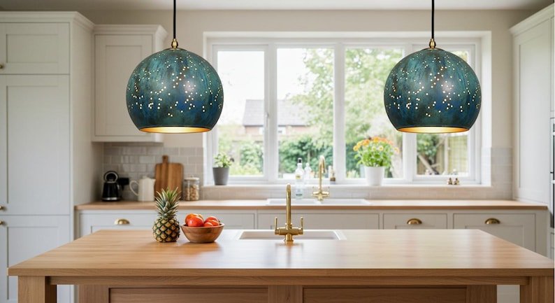 Blue Green Patina Copper Pendant Light, Handmade Moroccan Pierced Dome Chandelier, Rustic Verdigris Kitchen Island Hanging Lamp, Boho Copper Ceiling Light Fixture