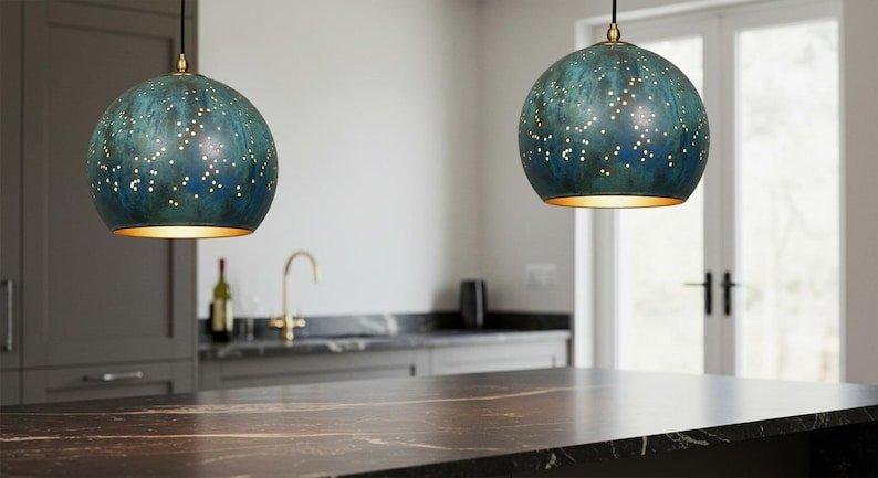 Blue Green Patina Copper Pendant Light, Handmade Moroccan Pierced Dome Chandelier, Rustic Verdigris Kitchen Island Hanging Lamp, Boho Copper Ceiling Light Fixture